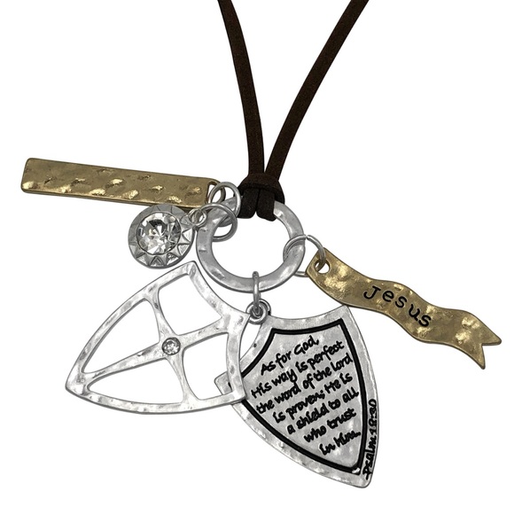 🔴 CLEARANCE Psalm 18:30 Shield of God Charm Long Suede Necklace - Picture 1 of 4